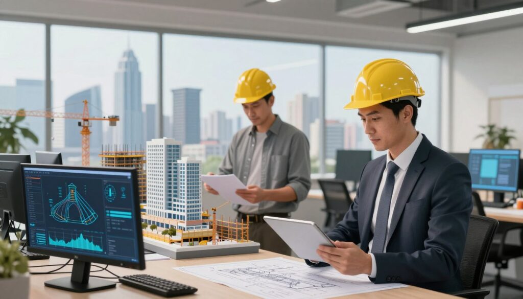 A split-scene illustration contrasting IT architecture and construction architecture. In the foreground, a professional architect in business attire examines blueprints on a digital tablet, in a modern office setting filled with screens displaying software diagrams. In the middle ground, an architect in a hard hat reviews 3D models of buildings on a construction site, surrounded by scaffolding and cranes. The background features a skyline with futuristic buildings alongside traditional structures, symbolizing the dual aspects of architecture. Soft, natural lighting from large windows and overhead lamps creates an inviting atmosphere, while a slightly blurred focus on the background highlights the contrast between the two fields.