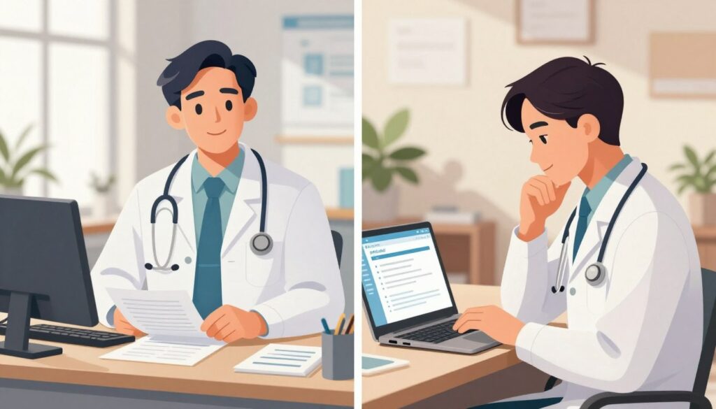 A split-screen illustration contrasting the concepts of employment ("etat") and contract work ("kontrakt") as seen in the medical profession. On the left, a confident doctor in professional attire stands next to a desk filled with documents and charts, representing stability and a traditional employment setting, with bright office lighting. On the right, a similar doctor, but in a more relaxed setting, reviews a laptop displaying flexible contract work offers, with warmer, softer lighting to emphasize independence. The background should include subtle references to a hospital and a home office, creating a blend of environments. The mood should be contemplative, inviting viewers to reflect on the differences in salary and job security inherent in each pathway.