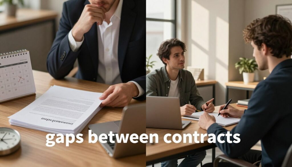 A split-screen image showing "gaps between contracts" in a professional setting. On the left, an office desk with a stack of signed employment contracts, a calendar showing a marked break, and a clock indicating time passing. A professional individual, dressed in business attire, is thoughtfully reviewing a document. On the right side, a scene illustrating a warm and inviting workspace with a welcoming atmosphere, where the same individual is engaging in a casual meeting with a colleague, discussing future opportunities. The background features a window with natural light streaming in, casting soft shadows across the room. The mood is contemplative and optimistic, reflecting the careful consideration of employment continuity. A split-screen image showing "gaps between contracts" in a professional setting. On the left, an office desk with a stack of signed employment contracts, a calendar showing a marked break, and a clock indicating time passing. A professional individual, dressed in business attire, is thoughtfully reviewing a document. On the right side, a scene illustrating a warm and inviting workspace with a welcoming atmosphere, where the same individual is engaging in a casual meeting with a colleague, discussing future opportunities. The background features a window with natural light streaming in, casting soft shadows across the room. The mood is contemplative and optimistic, reflecting the careful consideration of employment continuity.