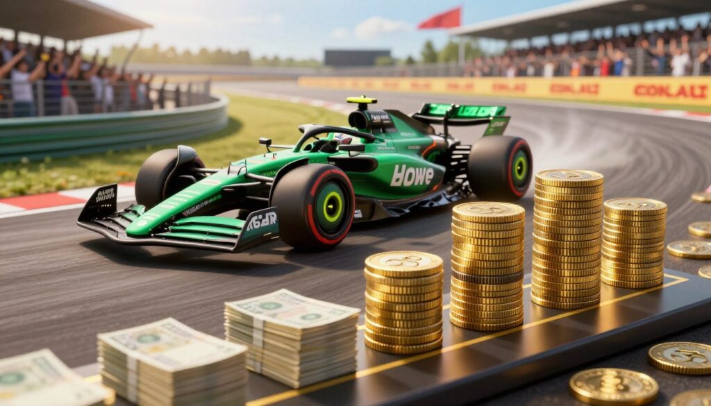 A striking visual representation of the financial earnings of an F1 driver for the 2025 season, emphasizing a range of 1 million to 60 million dollars. In the foreground, a dynamic infographic style display showing stacks of cash and gold coins, elegantly arranged to depict wealth. In the middle, a stylized race car on a track, symbolizing the high-stakes world of Formula 1, with motion blur effects to convey speed. In the background, a bright, energetic racetrack and cheering fans, capturing the excitement of F1 racing. The lighting is bright and vibrant, emphasizing a sense of ambition and success, with a focus on gold and green tones to reflect monetary wealth and prosperity. The scene is set from a slightly elevated angle for a dramatic perspective. A striking visual representation of the financial earnings of an F1 driver for the 2025 season, emphasizing a range of 1 million to 60 million dollars. In the foreground, a dynamic infographic style display showing stacks of cash and gold coins, elegantly arranged to depict wealth. In the middle, a stylized race car on a track, symbolizing the high-stakes world of Formula 1, with motion blur effects to convey speed. In the background, a bright, energetic racetrack and cheering fans, capturing the excitement of F1 racing. The lighting is bright and vibrant, emphasizing a sense of ambition and success, with a focus on gold and green tones to reflect monetary wealth and prosperity. The scene is set from a slightly elevated angle for a dramatic perspective.