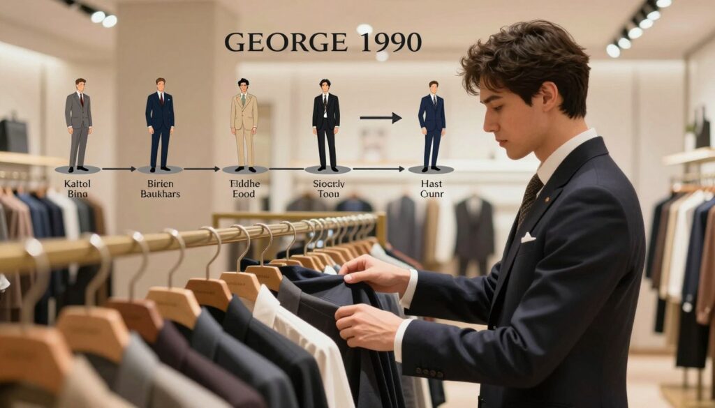 A stylish and sophisticated illustration depicting the origin and history of the George clothing brand since 1990. In the foreground, a well-dressed individual in smart casual attire is browsing through a collection of clothing, representing modern fashion. The middle ground showcases a timeline with iconic George clothing pieces displayed artistically, highlighting key moments and milestones in the brand's history. The background features a subtle depiction of a retail store or fashion show, exuding a warm and inviting atmosphere with soft, ambient lighting. The overall mood is professional and informative, capturing the evolution of the brand with a sense of elegance and heritage, using a slightly blurred lens to create a soft focus effect that emphasizes the foreground. A stylish and sophisticated illustration depicting the origin and history of the George clothing brand since 1990. In the foreground, a well-dressed individual in smart casual attire is browsing through a collection of clothing, representing modern fashion. The middle ground showcases a timeline with iconic George clothing pieces displayed artistically, highlighting key moments and milestones in the brand's history. The background features a subtle depiction of a retail store or fashion show, exuding a warm and inviting atmosphere with soft, ambient lighting. The overall mood is professional and informative, capturing the evolution of the brand with a sense of elegance and heritage, using a slightly blurred lens to create a soft focus effect that emphasizes the foreground.