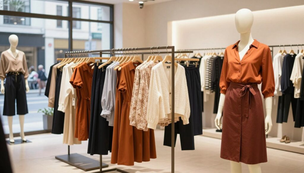 A stylish clothing store display featuring a variety of garments from the Esmara brand. In the foreground, a mannequin dressed in a chic, modest outfit representing Esmara’s latest collection, showcasing vibrant colors and textures. In the middle, racks filled with neatly organized Esmara apparel, such as dresses, tops, and trousers, highlighting the brand's commitment to affordable fashion. The background shows soft lighting illuminating the store, creating an inviting atmosphere, with large windows revealing a bustling city street outside. The scene conveys a sense of modern elegance and accessibility, appealing to fashion-conscious shoppers. The image should be well-composed, with a focus on clarity and appealing aesthetics, ensuring no text or logos are present.