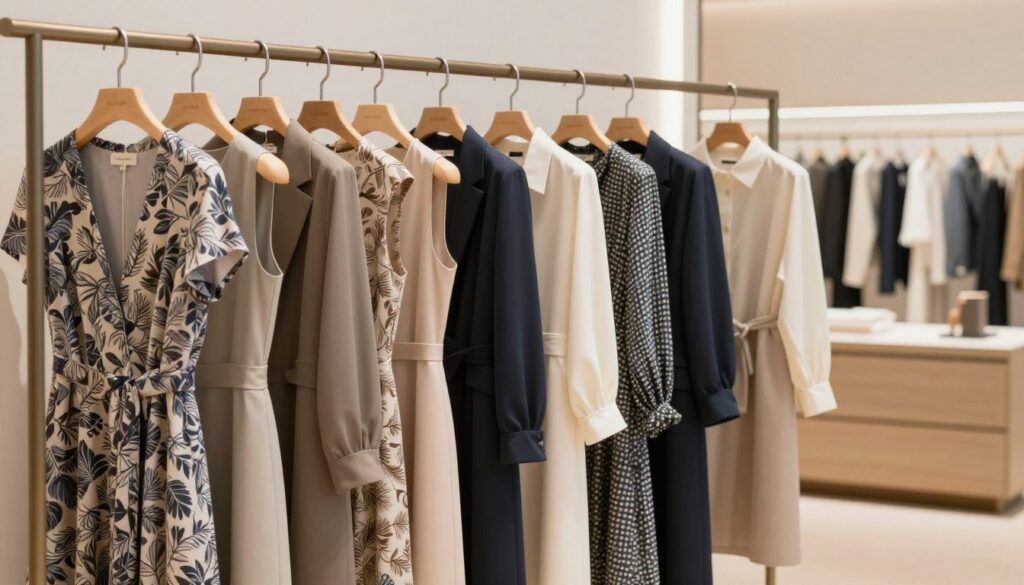 A stylish display featuring a collection of elegant dresses and blouses, highlighting the versatility of Comma's workwear line. In the foreground, showcase a selection of sophisticated dresses in various colors and patterns, accompanied by a few chic blouses in soft fabrics. The middle ground features a well-organized rack displaying the clothing items, embellished with subtle textures that convey quality. In the background, a softly lit, modern boutique setting with neutral tones creates a warm and inviting atmosphere, emphasizing professionalism. Use natural lighting to enhance the elegance of the fabrics, and incorporate a slight depth of field to draw focus to the garments. The overall mood should be refined and inspiring, showcasing the distinct identity of Comma as a contemporary clothing brand.