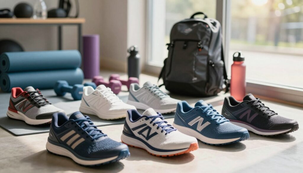 A stylish display of Crivit sports shoes in the foreground, showcasing various designs and colors, from sleek running shoes to supportive cross-training footwear. In the middle ground, a well-organized array of fitness accessories including yoga mats, dumbbells, and outdoor gear like backpacks and water bottles. The background features a softly blurred gym or outdoor fitness setting, illuminated by natural sunlight coming through a window, creating an energetic and motivating atmosphere. The composition should capture the essence of an active lifestyle, with a focus on quality and innovation in sports equipment. Use a wide-angle lens perspective to encompass the dynamic scene, conveying a vibrant and inspiring mood without any text or branding present.