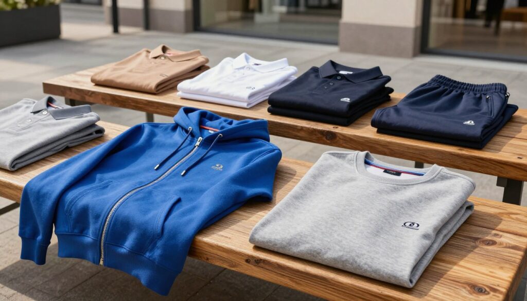 A stylish display of a variety of Slazenger sweatshirts in a modern setting. In the foreground, highlight two different designs: a vibrant blue zip-up hoodie and a classic grey crewneck, both draped over a rustic wooden bench. In the middle ground, arrange neatly folded polo shirts and jogger pants featuring the brand's logo. The background showcases an outdoor urban environment with soft, natural lighting, suggesting a warm, sunny day, and a blurred cityscape behind. The overall atmosphere conveys a sense of everyday comfort and casual style. Emphasize a clean and appealing aesthetic, using a wide-angle lens to capture the full scene without any people or distracting elements.