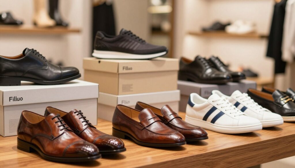 A stylish display of various Filippo footwear collections, prominently featuring elegant dress shoes, trendy sneakers, and casual loafers. In the foreground, showcase three pairs of shoes on a polished wooden surface, with rich textures and vibrant colors. The middle ground should capture an attractive retail setup with shoe boxes elegantly arranged, hinting at the brand's diverse offerings. In the background, a softly blurred boutique setting with warm, inviting lighting creates an atmosphere of sophistication. Use a shallow depth of field with a lens focal length of 50mm to emphasize the shoes while hinting at the ambiance of a stylish footwear shop. The overall mood is refined and appealing, inviting viewers to explore the collection. A stylish display of various Filippo footwear collections, prominently featuring elegant dress shoes, trendy sneakers, and casual loafers. In the foreground, showcase three pairs of shoes on a polished wooden surface, with rich textures and vibrant colors. The middle ground should capture an attractive retail setup with shoe boxes elegantly arranged, hinting at the brand's diverse offerings. In the background, a softly blurred boutique setting with warm, inviting lighting creates an atmosphere of sophistication. Use a shallow depth of field with a lens focal length of 50mm to emphasize the shoes while hinting at the ambiance of a stylish footwear shop. The overall mood is refined and appealing, inviting viewers to explore the collection.