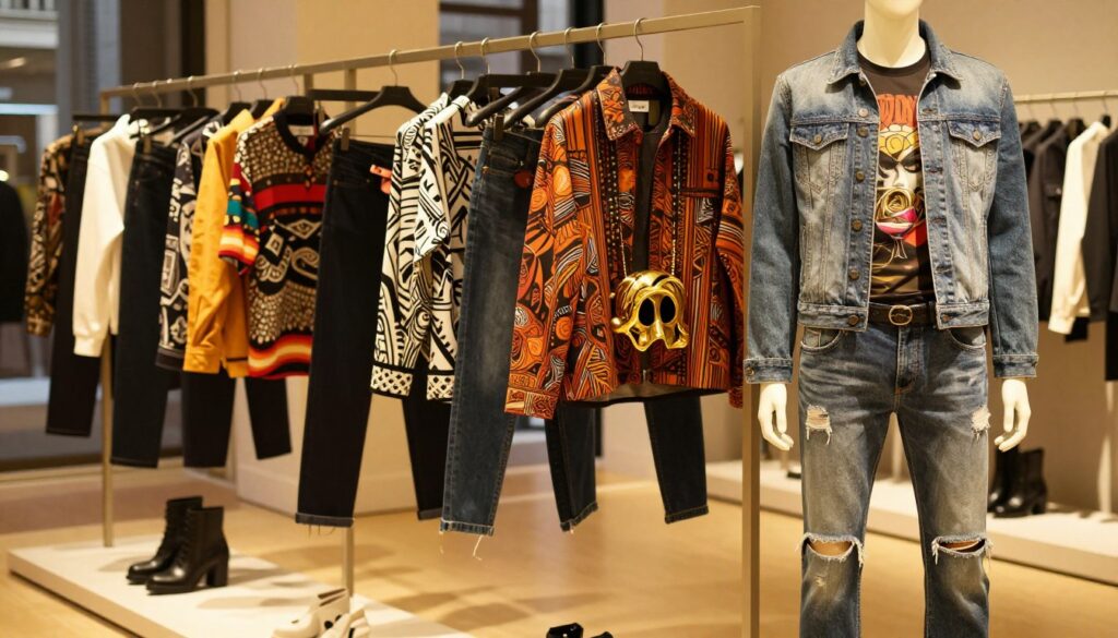A stylish fashion showcase featuring a selection of iconic Dsquared2 clothing pieces. In the foreground, a mannequin displays a standout outfit, consisting of a tailored denim jacket layered over a fitted graphic tee, paired with distressed jeans and trendy ankle boots. The middle ground features additional garments hanging elegantly on sleek, modern racks, showcasing bold colors and intricate designs, such as patterned shirts, stylish outerwear, and eye-catching accessories. The background is softly blurred, hinting at a chic urban boutique, bathed in warm golden lighting to create an inviting atmosphere. The camera angle captures the richness of the fabrics and the intricate details of each piece, evoking a sense of high fashion and creativity synonymous with the Dsquared2 brand.