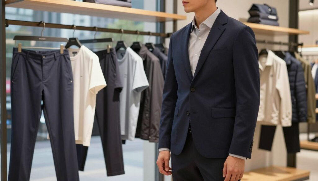 A stylish male model in a modern urban setting, showcasing a variety of men's clothing from Denley. In the foreground, the model is dressed in a smart-casual outfit, combining a well-fitted navy blazer and a light-colored shirt. The middle ground features a display of Denley’s diverse men's garments, including tailored trousers, casual t-shirts, and jackets, all neatly arranged on stylish hangers. The background includes a softly blurred cityscape with warm, natural lighting that creates an inviting atmosphere. The scene has a professional, yet approachable feel, highlighting the quality and contemporary style of Denley's clothing. The angle captures the model slightly off-center, enhancing the focus on the clothing collection. The mood is modern and sophisticated, appealing to a discerning male audience.
