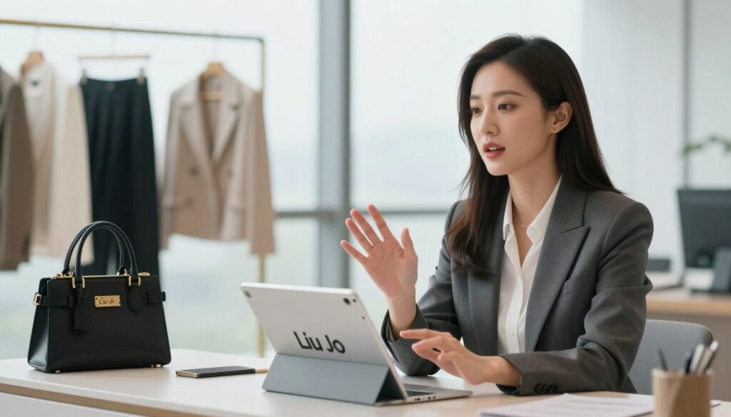 A stylish, modern office environment showcasing a professional-looking woman in business attire, confidently demonstrating the pronunciation of the brand name "Liu Jo." She appears focused and poised, using a sleek tablet to guide her explanation. The foreground features her engaged expression as she gestures towards the tablet, while the middle section includes a soft-focus view of elegant fashion items branded with Liu Jo, such as handbags and clothing, strategically placed on a chic desk. In the background, large windows let in natural light, creating a bright, inviting atmosphere. The overall mood is educational yet fashionable, conveying a sense of sophistication and professionalism, ideal for illustrating proper brand pronunciation. The image is captured with a soft depth of field, emphasizing clarity and detail in the foreground.