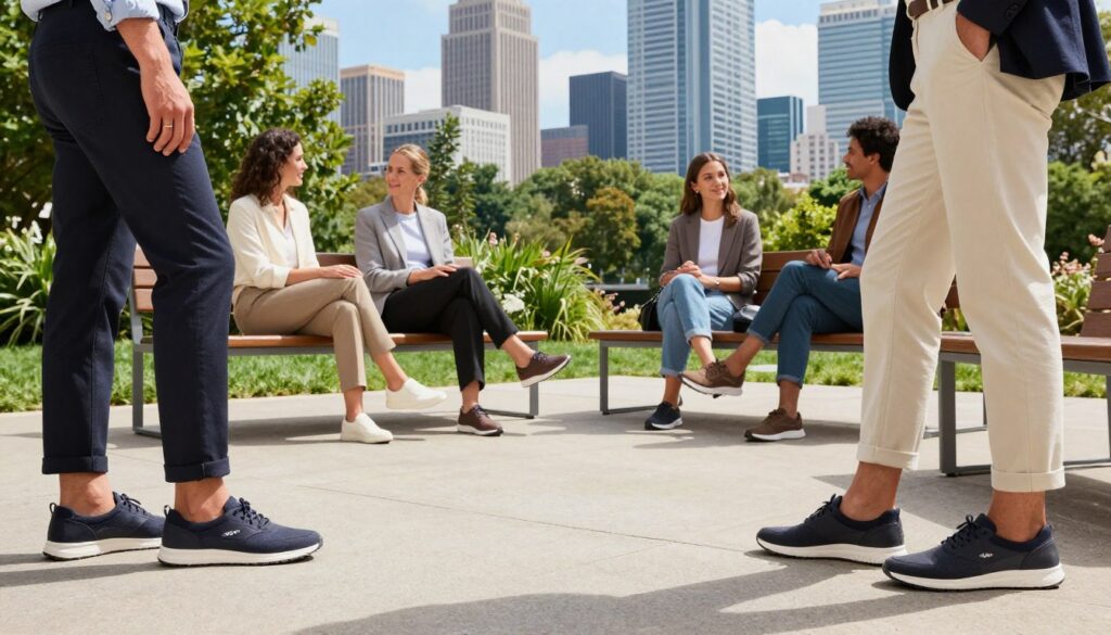 A stylish, modern outdoor scene showcasing a diverse group of people wearing Geox footwear, engaged in casual conversation. The foreground features two individuals—one man and one woman—dressed in chic business-casual attire, highlighting the comfort and elegance of Geox shoes. In the middle ground, a vibrant urban park with lush greenery and a few stylish benches creates a welcoming atmosphere. The background reveals a contemporary city skyline with bright blue skies, symbolizing innovation and modernity. Soft, natural sunlight casts gentle shadows, enhancing the mood of camaraderie and sophistication. The overall composition should exude a sense of community, comfort, and the unique appeal of Geox shoes, without any text or branding visible. A stylish, modern outdoor scene showcasing a diverse group of people wearing Geox footwear, engaged in casual conversation. The foreground features two individuals—one man and one woman—dressed in chic business-casual attire, highlighting the comfort and elegance of Geox shoes. In the middle ground, a vibrant urban park with lush greenery and a few stylish benches creates a welcoming atmosphere. The background reveals a contemporary city skyline with bright blue skies, symbolizing innovation and modernity. Soft, natural sunlight casts gentle shadows, enhancing the mood of camaraderie and sophistication. The overall composition should exude a sense of community, comfort, and the unique appeal of Geox shoes, without any text or branding visible.