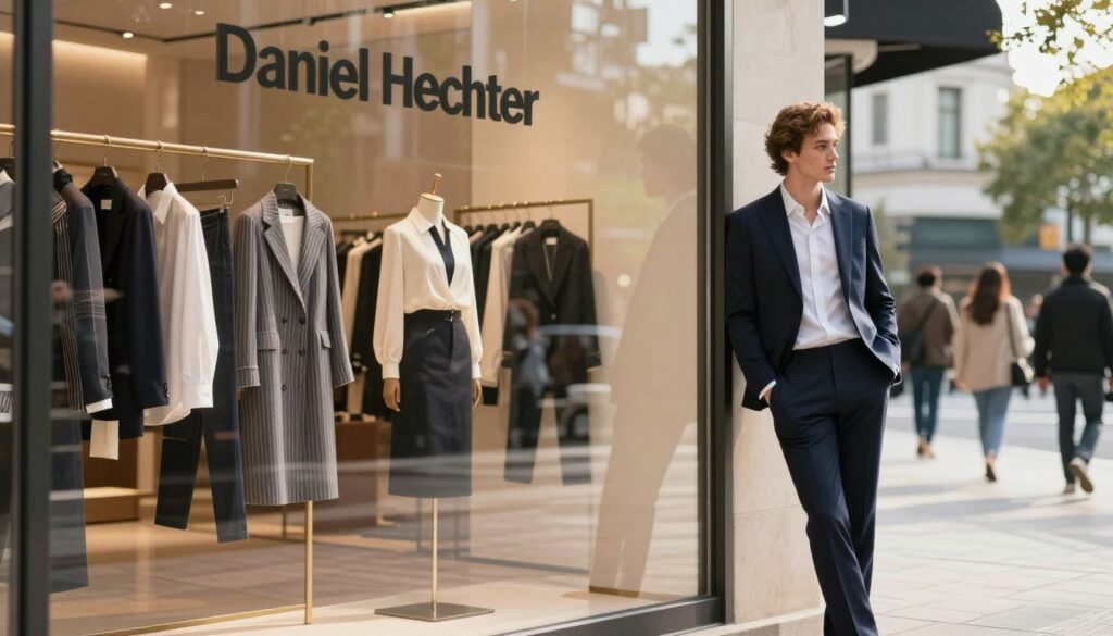 A stylish outdoor setting showcasing a modern fashion boutique branded with "Daniel Hechter" prominently displayed. In the foreground, a well-dressed model stands confidently in business attire, showcasing the elegance and sophistication of the brand. The model is leaning against a sleek storefront glass window, reflecting the fashion-forward aesthetic of the boutique. In the middle ground, elegant clothing items hang on display racks, showcasing a mix of professional and casual styles aimed at discerning customers. The background features a soft blur of a cityscape with people strolling, creating a vibrant urban atmosphere under warm, natural sunlight. The overall mood is chic and inviting, capturing the essence of Daniel Hechter's contemporary fashion appeal. A stylish outdoor setting showcasing a modern fashion boutique branded with "Daniel Hechter" prominently displayed. In the foreground, a well-dressed model stands confidently in business attire, showcasing the elegance and sophistication of the brand. The model is leaning against a sleek storefront glass window, reflecting the fashion-forward aesthetic of the boutique. In the middle ground, elegant clothing items hang on display racks, showcasing a mix of professional and casual styles aimed at discerning customers. The background features a soft blur of a cityscape with people strolling, creating a vibrant urban atmosphere under warm, natural sunlight. The overall mood is chic and inviting, capturing the essence of Daniel Hechter's contemporary fashion appeal.