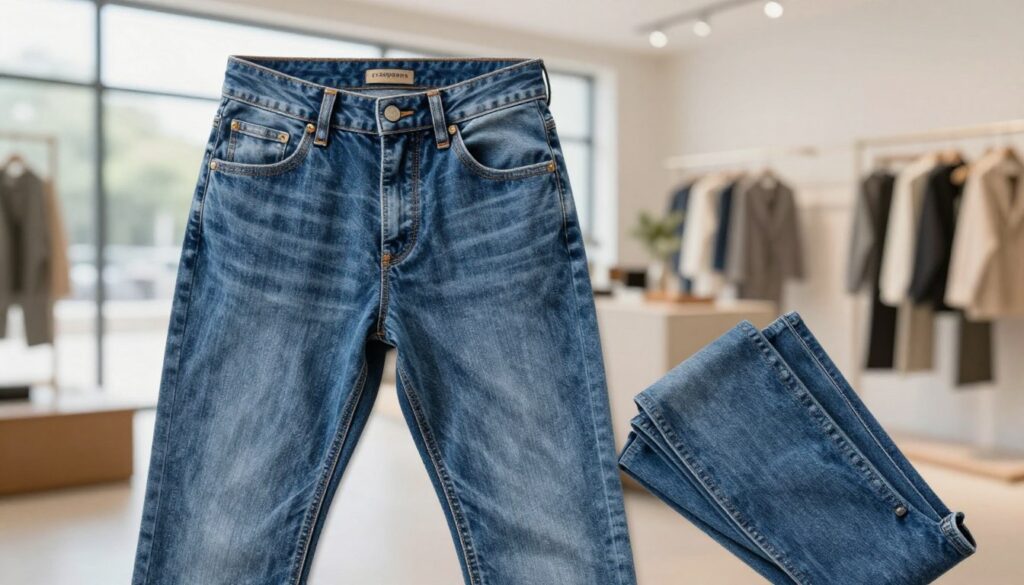 A stylish pair of Cross Jeans depicted prominently in the foreground, showcasing high-quality denim with fine stitching and a perfect fit. The jeans are slightly crumpled, adding a sense of comfort and authenticity. In the middle ground, a soft, blurred background displays a bright and airy fashion retail space, illuminated by natural light streaming in through large windows, enhancing the inviting atmosphere. The image captures the essence of quality and comfort, with a focus on the texture of the denim fabric, emphasizing its durability and flexibility. The overall mood is casual yet sophisticated, inviting viewers to appreciate the blend of style and functionality that Cross Jeans offers.