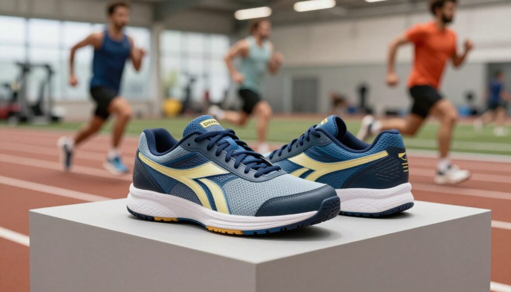A stylish pair of Diadora athletic shoes prominently displayed on a clean, modern pedestal. The foreground showcases the shoes in vibrant colors with intricate details of the logo and stitching visible. In the middle ground, a blurred background features a well-lit sports environment, such as a gym or running track, with professionals in action wearing athletic apparel. Soft, natural lighting enhances the shoes, creating a sense of dynamism and highlighting the craftsmanship involved. The mood is energetic and professional, conveying reliability and performance. The angle is slightly low, emphasizing the shoes' design and the athletes’ dedicated focus, ensuring the image communicates a strong sense of quality and reputation in the sports market. A stylish pair of Diadora athletic shoes prominently displayed on a clean, modern pedestal. The foreground showcases the shoes in vibrant colors with intricate details of the logo and stitching visible. In the middle ground, a blurred background features a well-lit sports environment, such as a gym or running track, with professionals in action wearing athletic apparel. Soft, natural lighting enhances the shoes, creating a sense of dynamism and highlighting the craftsmanship involved. The mood is energetic and professional, conveying reliability and performance. The angle is slightly low, emphasizing the shoes' design and the athletes’ dedicated focus, ensuring the image communicates a strong sense of quality and reputation in the sports market.