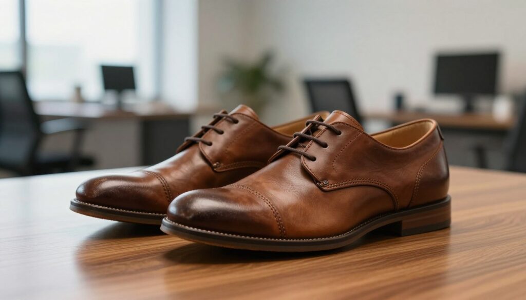 A stylish pair of Dockers shoes prominently displayed in the foreground on a polished wooden surface, showcasing their rich brown leather and classic design. The shoes are angled to highlight the intricate stitching and logo, with a subtle sheen reflecting soft, natural light from a nearby window, creating an inviting atmosphere. In the middle background, blurred outlines of a modern office setting add context, suggesting professionalism and versatility. The overall mood is sophisticated yet approachable, perfect for a business casual environment. The scene is shot from a slightly elevated angle to emphasize the shoes while keeping the background engaging but not distracting. The image is well-composed and free of any text or additional elements, focusing solely on the beauty of the Dockers footwear.