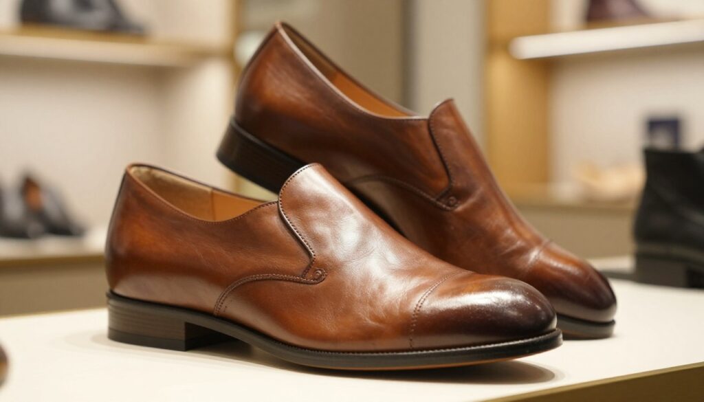 A stylish pair of Gabor comfort shoes prominently displayed in the foreground, showcasing their elegant design and high-quality materials. One shoe facing the viewer, featuring a smooth leather finish and a chic, ergonomic shape, while the other shoe is angled to demonstrate its cushioning and flexibility. The background features a softly blurred boutique setting with warm, inviting lighting that enhances the shoes' rich color and texture. The mood is sophisticated yet relaxed, emphasizing the blend of fashion and comfort. Use a shallow depth of field to draw focus on the shoes, with a slight overhead angle to capture their form. The overall composition should evoke a sense of luxury and practicality, highlighting what makes Gabor shoes stand out in the footwear market. A stylish pair of Gabor comfort shoes prominently displayed in the foreground, showcasing their elegant design and high-quality materials. One shoe facing the viewer, featuring a smooth leather finish and a chic, ergonomic shape, while the other shoe is angled to demonstrate its cushioning and flexibility. The background features a softly blurred boutique setting with warm, inviting lighting that enhances the shoes' rich color and texture. The mood is sophisticated yet relaxed, emphasizing the blend of fashion and comfort. Use a shallow depth of field to draw focus on the shoes, with a slight overhead angle to capture their form. The overall composition should evoke a sense of luxury and practicality, highlighting what makes Gabor shoes stand out in the footwear market.