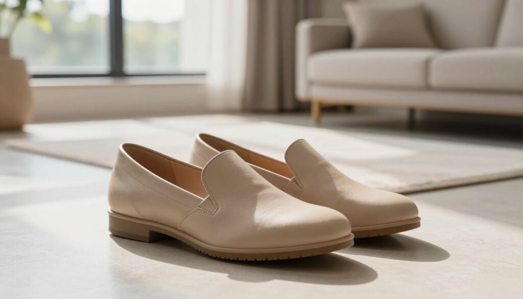 A stylish pair of comfortable shoes displayed prominently in the foreground, showcasing their smooth leather exterior and ergonomic design. The shoes should be placed on a light-colored surface, reflecting natural sunlight to highlight their features, such as cushioned soles and supportive structure. In the middle ground, a modern, minimalistic living space with a soft rug underneath to evoke a homey feel, hinting at relaxation and comfort. In the background, a tranquil window view that allows gentle daylight to stream in, enhancing the cozy atmosphere. The overall mood should be inviting and peaceful, emphasizing the theme of all-day comfort while wearing these shoes. Focus on soft, natural lighting with a warm color palette to evoke a sense of reliability and ease. A stylish pair of comfortable shoes displayed prominently in the foreground, showcasing their smooth leather exterior and ergonomic design. The shoes should be placed on a light-colored surface, reflecting natural sunlight to highlight their features, such as cushioned soles and supportive structure. In the middle ground, a modern, minimalistic living space with a soft rug underneath to evoke a homey feel, hinting at relaxation and comfort. In the background, a tranquil window view that allows gentle daylight to stream in, enhancing the cozy atmosphere. The overall mood should be inviting and peaceful, emphasizing the theme of all-day comfort while wearing these shoes. Focus on soft, natural lighting with a warm color palette to evoke a sense of reliability and ease.