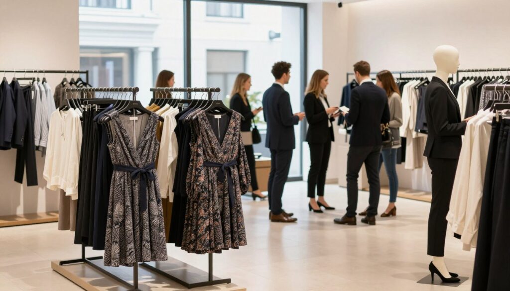 A stylish retail store interior showcasing Comma brand clothing. In the foreground, a neatly arranged display of elegant dresses and smart casual outfits on hangers, with mannequins dressed in the latest styles. Middle ground features a diverse group of professionally dressed shoppers browsing, exuding a sense of sophistication and enjoyment. The background presents large windows allowing soft, natural light to flood the space, illuminating the modern store design with clean lines and neutral colors. Subtle reflections on polished floors add depth to the scene. The atmosphere is inviting and upscale, capturing the essence of Comma's availability and appeal both in Poland and globally. Soft focus on the edges to emphasize the clothing and shoppers, creating a sense of warmth and accessibility.