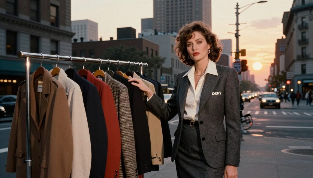 A stylish, sophisticated scene depicting the essence of 1980s New York City, focusing on the inception of the DKNY brand by designer Donna Karan. In the foreground, a fashionable woman in professional business attire, exuding confidence and creativity, stands next to a sleek, vintage clothing rack filled with iconic DKNY pieces. The middle ground showcases a bustling city street with a blend of modern and classic architecture, evoking the vibrant energy of New York during that era. The background features a sunset casting warm, golden light over the scene, creating a nostalgic yet aspirational atmosphere. The image captures the fusion of fashion and urban culture, highlighting Donna Karan's impact on the industry.