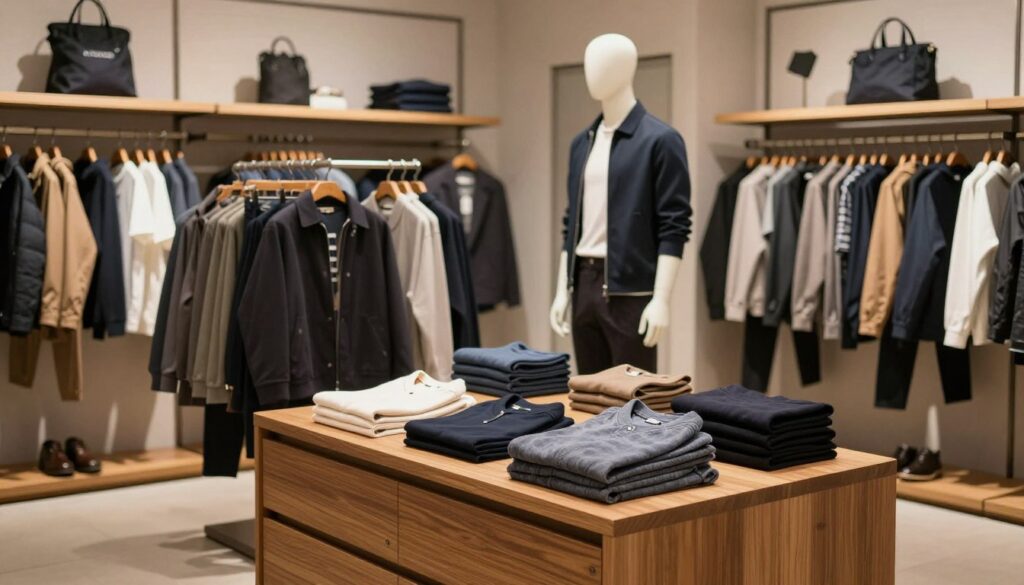 A stylish urban clothing store interior showcasing a modern brand, dedicated to men's fashion. In the foreground, a sleek wooden display holds an array of neatly arranged casual and formal wear, emphasizing versatility. The middle ground features a well-dressed mannequin wearing a trendy outfit, giving a sense of the brand's aesthetic. The background includes softly lit shelves stocked with neatly hung garments, enhancing a sense of organized sophistication. Warm, inviting lighting casts gentle shadows, creating a cozy atmosphere. The angle is slightly elevated, giving a comprehensive view of both the products and their arrangement, while the overall mood is contemporary and professional, reflecting the essence of a reputable fashion brand.
