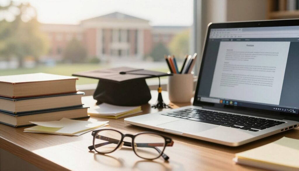 A symbolic representation of unfinished studies, featuring a cluttered desk with academic textbooks, scattered notes, and a laptop showing an incomplete graduation project. In the foreground, a pair of glasses rests on the desk, symbolizing the perspective on education. The middle ground reveals a glimpse of a graduation cap, slightly askew, placed beside a coffee mug filled with pens. In the background, a soft-focus image of a university campus can be seen through a window, bathed in warm, golden light, suggesting hope and future potential. The mood evokes a sense of contemplation and ambition, highlighting the journey of education and the topic of interrupted studies. The scene is well-lit, capturing an afternoon atmosphere with natural sunlight streaming in, creating a calm yet motivating environment. A symbolic representation of unfinished studies, featuring a cluttered desk with academic textbooks, scattered notes, and a laptop showing an incomplete graduation project. In the foreground, a pair of glasses rests on the desk, symbolizing the perspective on education. The middle ground reveals a glimpse of a graduation cap, slightly askew, placed beside a coffee mug filled with pens. In the background, a soft-focus image of a university campus can be seen through a window, bathed in warm, golden light, suggesting hope and future potential. The mood evokes a sense of contemplation and ambition, highlighting the journey of education and the topic of interrupted studies. The scene is well-lit, capturing an afternoon atmosphere with natural sunlight streaming in, creating a calm yet motivating environment.