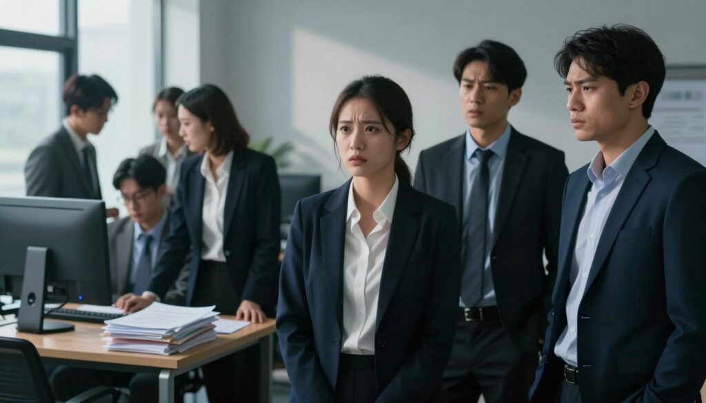 A tense office environment illustrates the concept of mobbing in a professional setting. In the foreground, a group of three employees in business attire, a mix of men and women, stand together, their facial expressions displaying concern and discomfort. One person appears to be the target, looking isolated and anxious. In the middle ground, a desk cluttered with papers and a computer screen reflects a chaotic workspace, while other employees can be seen avoiding eye contact or whispering, suggesting exclusion. In the background, a large window with soft natural light filters through, casting shadows that enhance the somber atmosphere. The overall mood is tense and serious, evoking feelings of distress and discrimination, as the interplay of light and shadow emphasizes the isolation experienced in mobbing situations. A tense office environment illustrates the concept of mobbing in a professional setting. In the foreground, a group of three employees in business attire, a mix of men and women, stand together, their facial expressions displaying concern and discomfort. One person appears to be the target, looking isolated and anxious. In the middle ground, a desk cluttered with papers and a computer screen reflects a chaotic workspace, while other employees can be seen avoiding eye contact or whispering, suggesting exclusion. In the background, a large window with soft natural light filters through, casting shadows that enhance the somber atmosphere. The overall mood is tense and serious, evoking feelings of distress and discrimination, as the interplay of light and shadow emphasizes the isolation experienced in mobbing situations.
