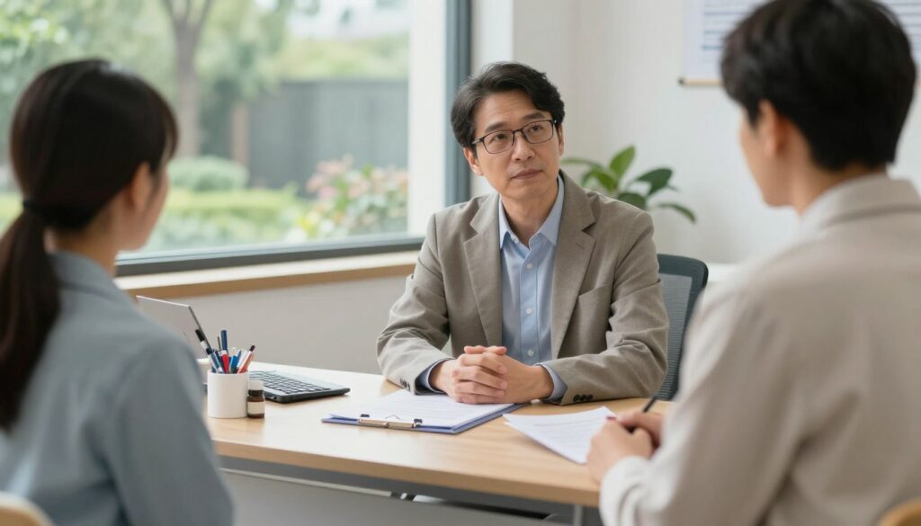 A thoughtful and professional psychologist in a modern hospital setting, engaged in a discussion with a patient in a well-lit consultation room. The foreground features a neatly organized desk with psychological assessment tools and documents, conveying a sense of professionalism. In the middle ground, the psychologist, a middle-aged person with glasses, is dressed in modest business attire, embodying a compassionate demeanor. The background includes a large window with natural light filtering in, illuminating the room, and providing a view of a serene garden outside. The atmosphere is calm and reassuring, reflecting a safe and supportive environment for patients. The image should portray authenticity and warmth, supporting the theme of employment forms and real incomes in the psychology field.