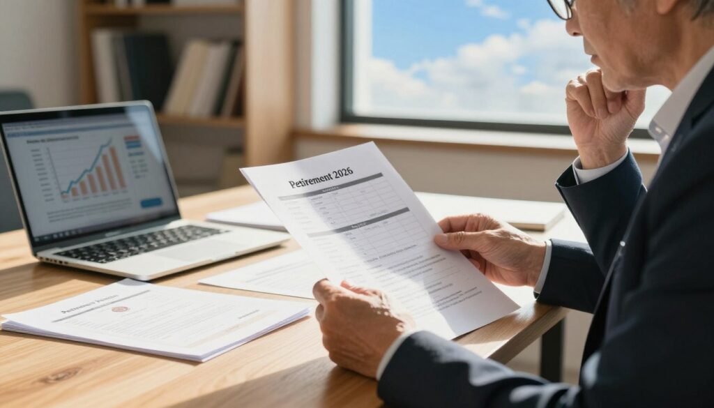 A thoughtful and professional scene depicting the concept of retirement pension in 2026. In the foreground, an older individual, dressed in smart business attire, examines papers that symbolize pension calculations and employment history, conveying a sense of contemplation. In the middle, a table is filled with documents related to higher education, such as diplomas and a laptop showing financial graphs, illustrating the impact of studies on pension amounts. The background features a soft-focus office environment with shelves of books and a window showcasing a clear blue sky, creating an uplifting and hopeful atmosphere. The lighting is warm and inviting, simulating sunlight streaming in, enhancing the reflective mood of the scene. The perspective is from slightly below eye level, drawing the viewer into this poignant moment of reflection on future financial stability. A thoughtful and professional scene depicting the concept of retirement pension in 2026. In the foreground, an older individual, dressed in smart business attire, examines papers that symbolize pension calculations and employment history, conveying a sense of contemplation. In the middle, a table is filled with documents related to higher education, such as diplomas and a laptop showing financial graphs, illustrating the impact of studies on pension amounts. The background features a soft-focus office environment with shelves of books and a window showcasing a clear blue sky, creating an uplifting and hopeful atmosphere. The lighting is warm and inviting, simulating sunlight streaming in, enhancing the reflective mood of the scene. The perspective is from slightly below eye level, drawing the viewer into this poignant moment of reflection on future financial stability.