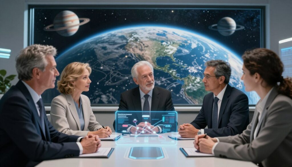 A thoughtful exploration of astronaut career timing, featuring a diverse group of astronauts in a professional setting. In the foreground, three astronauts of varying ages, dressed in smart professional attire, engage in a discussion around a futuristic table with holographic displays showing timelines and training pathways. In the middle, a large window displays the Earth from space, with planets and stars subtly illuminated in the background. The lighting is soft and warm, suggesting an atmosphere of collaboration and aspiration. The image should capture a sense of determination and innovation, with a focus on the importance of timing in an astronaut's career path, creating a mood of inspiration and possibility.