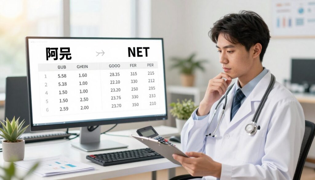 A thoughtful illustration comparing gross and net salaries for a medical intern. In the foreground, feature a confident young doctor in professional attire, holding a calculator and looking thoughtfully at a clipboard filled with numbers. In the middle ground, depict a large, modern office desk cluttered with financial documents and charts, emphasizing the difference between gross and net pay. The background should include a bright, well-lit office environment, with a window showing a sunny day outside. Use soft, natural lighting to create a warm and optimistic atmosphere, highlighting the financial aspect of a medical profession. The overall composition should evoke a sense of professionalism, focus, and clarity regarding salary discussions.