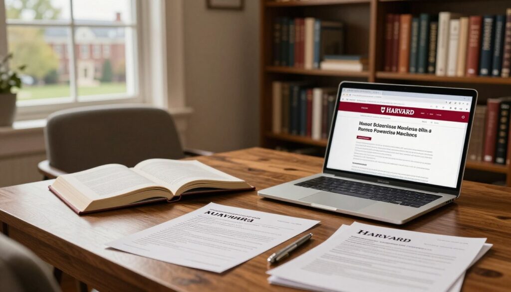 A thoughtfully arranged study space designed for prospective Harvard applicants. In the foreground, a neatly organized wooden desk with an application form, a laptop displaying Harvard's website, and financial documents, all illuminated by warm, soft lighting. In the middle ground, a comfortable chair and an open book about university expenses, reflecting a serious and contemplative mood. The background features a bookshelf filled with inspiring literature about universities and financial planning, complemented by a window revealing a serene campus-like view with trees and academic buildings. The atmosphere is focused and academic, conveying dedication and preparation for the admission process. The image should have a warm and inviting color palette, emphasizing an environment conducive to study and planning. A thoughtfully arranged study space designed for prospective Harvard applicants. In the foreground, a neatly organized wooden desk with an application form, a laptop displaying Harvard's website, and financial documents, all illuminated by warm, soft lighting. In the middle ground, a comfortable chair and an open book about university expenses, reflecting a serious and contemplative mood. The background features a bookshelf filled with inspiring literature about universities and financial planning, complemented by a window revealing a serene campus-like view with trees and academic buildings. The atmosphere is focused and academic, conveying dedication and preparation for the admission process. The image should have a warm and inviting color palette, emphasizing an environment conducive to study and planning.