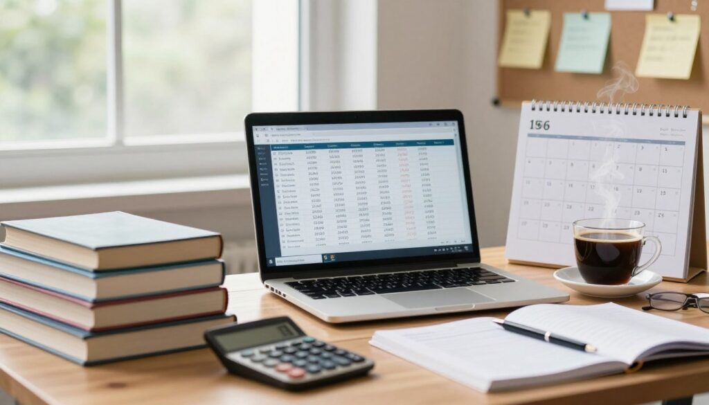 A thoughtfully arranged workspace in a university setting, showcasing the real costs of studying full-time. In the foreground, a stack of textbooks and a calculator sit on a wooden desk, symbolizing academic expenses. In the middle, a laptop displays a spreadsheet filled with tuition fees, living costs, and materials. Surrounding the workspace, a calendar notes important deadlines, while a cup of coffee steam rises, representing long study hours. The background features a window with natural light streaming in, illuminating pinned notes on a bulletin board, adding a sense of reality and urgency. The atmosphere is focused and serious, evoking the dedication required for higher education. Use a soft focus to create a warm and inviting mood.