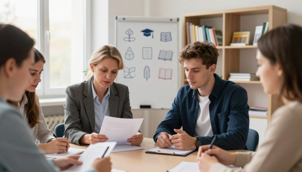 A university classroom scene depicting a diverse group of adult learners engaged in discussion around a table. In the foreground, a middle-aged woman in professional attire is reviewing documents with a younger man dressed in smart casual clothing, both appearing focused and collaborative. In the middle, a whiteboard showcases various symbols of academic achievement, such as graduation caps and books. The background features shelves filled with educational materials and a window letting in warm, natural light, creating a welcoming atmosphere. The mood conveys determination and ambition, highlighting the importance of education accessibility in Poland. The image is shot from a slight angle to capture the interaction among students while maintaining a professional setting.