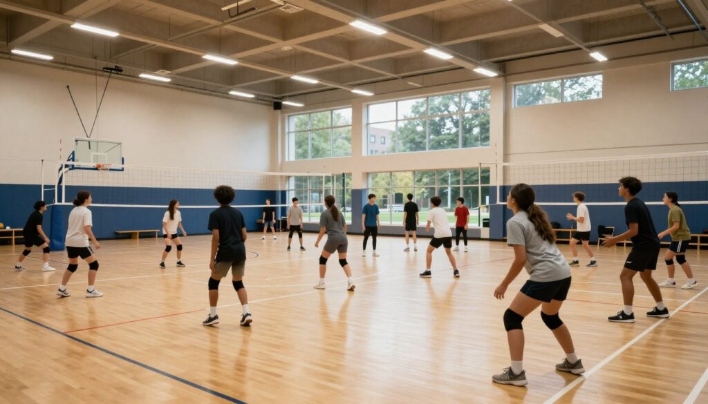 A university gymnasium filled with students engaged in various sports activities, illustrating the concept of physical education in college life. In the foreground, a group of diverse students of different ethnicities, dressed in modest sportswear, are playing volleyball energetically. The middle ground displays a basketball court with others practicing their skills. Bright overhead lights illuminate the scene, casting dynamic shadows on the polished wooden floor, adding vibrancy to the atmosphere. In the background, large windows allow soft natural light to filter in, revealing a tree-lined campus outside. The overall mood is energetic and lively, reflecting teamwork, camaraderie, and the importance of physical fitness in university education.