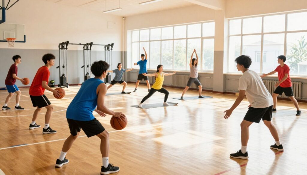 A university gymnasium scene showcasing a diverse group of students engaged in various physical activities, illustrating the concept of mandatory physical education. In the foreground, a group of students in professional sports attire are participating in a basketball game, exhibiting teamwork and energy. In the middle ground, a few students are practicing yoga, emphasizing relaxation and balance. The background features gym equipment and large windows with natural light flooding the space, creating an open and inviting atmosphere. The lighting is warm and bright, highlighting the vibrant colors of the students' clothing. The overall mood is energetic and motivational, conveying the importance of physical education in college life.