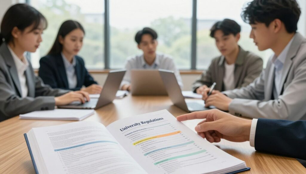 A university setting where a group of diverse students, dressed in professional business attire, is gathered around a large wooden table filled with papers and laptops. The foreground features a close-up of an open student handbook titled "University Regulations" with visible sections highlighted, symbolizing academic rules related to grade calculation. In the middle, students are engaged in a discussion, one pointing at the handbook, while another is taking notes. The background shows a large window with soft, natural light streaming in, illuminating the room and creating a calm, studious atmosphere. The overall mood conveys focus and collaboration, highlighting the importance of understanding university regulations in academic success.