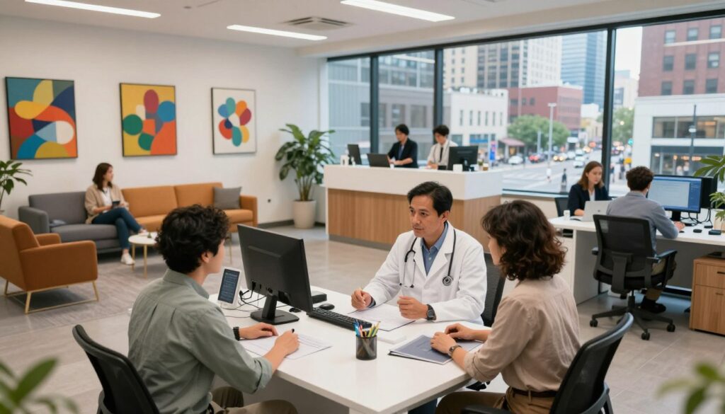 A vibrant and bustling urban office setting reflecting a "family doctor" workspace, situated in a large city. In the foreground, a professional family doctor in smart attire is discussing with a patient at a sleek, modern desk cluttered with medical tools and digital devices. The middle ground displays a waiting area with colorful artwork on the walls, comfortable seating, and a reception counter attended by staff. In the background, large windows reveal an urban skyline, filled with skyscrapers and a busy street scene, representing the dynamic atmosphere of the city. The lighting is bright and inviting, conveying a sense of professionalism and warmth. Use a wide-angle lens to capture the entire scene, creating an engaging perspective that communicates the importance of urban resources in shaping a family physician's career.