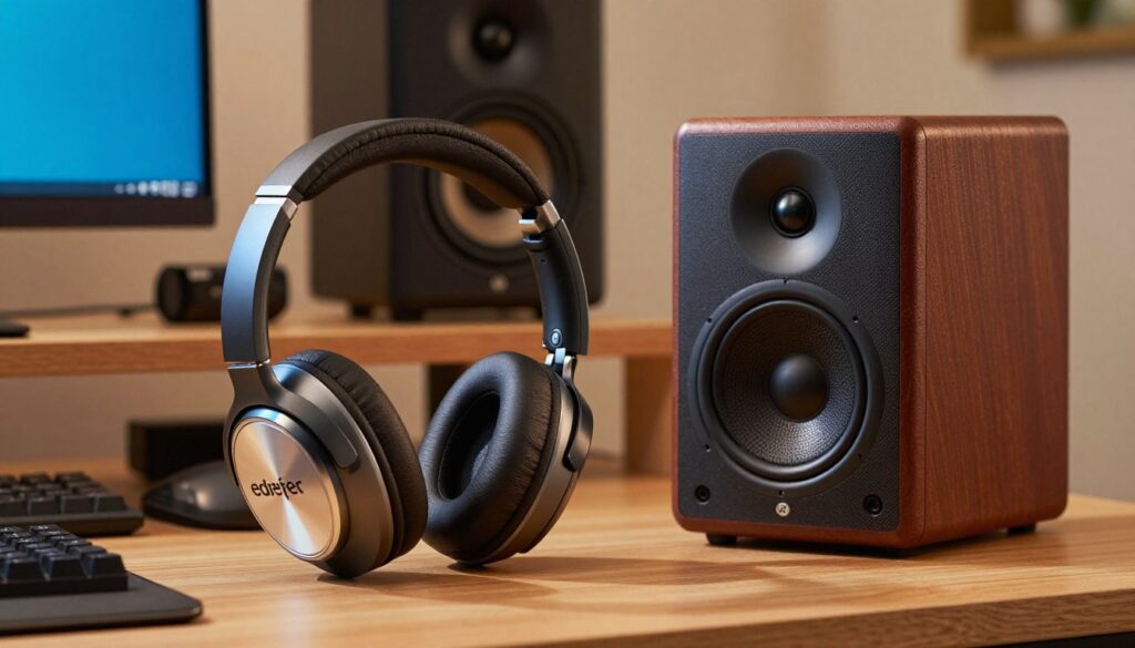 A vibrant and detailed image showcasing Edifier headphones and speakers, featuring an impressive array of products that highlight their innovative design and technology. In the foreground, a sleek pair of Edifier headphones with a modern aesthetic is prominently displayed, accentuated by reflective surfaces that catch soft, natural light. Beside them, a stylish speaker with clean lines and rich texture is showcased, emphasizing the brand's commitment to quality. The middle ground reveals a blurred workspace with various audio components, creating a professional yet creative atmosphere. In the background, warm, ambient lighting sets a cozy mood, hinting at a home studio or listening room. The overall composition conveys a sense of sophistication and dedication to sound excellence, fitting the tone of cutting-edge audio equipment.