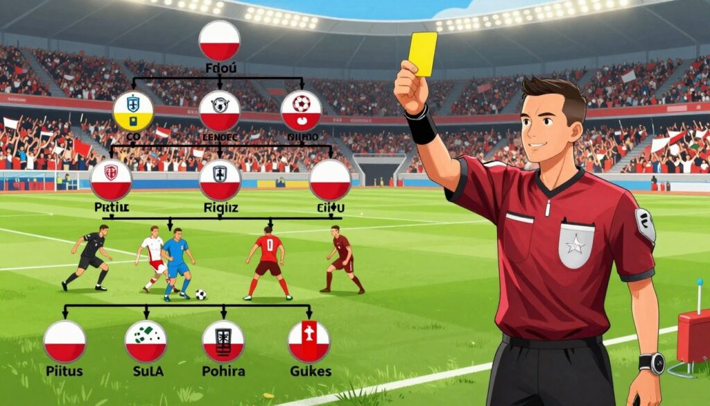 A vibrant and dynamic illustration showcasing the hierarchical structure of soccer referee salaries in Poland, with a focus on various divisions of gameplay. In the foreground, a polished soccer referee in professional attire gestures confidently, holding a red and yellow card. In the middle ground, several soccer players from different teams are engaged in a competitive match, capturing the intensity of a live game. The background features a packed stadium with enthusiastic fans, flags waving. The lighting is bright and lively, highlighting the action on the field while creating a sense of excitement. The angle is slightly elevated, providing a panoramic view of the match and the surrounding environment, focusing on the referee's crucial role within the game. The overall mood is energetic and engaging, conveying the importance of referees at every level of the sport. A vibrant and dynamic illustration showcasing the hierarchical structure of soccer referee salaries in Poland, with a focus on various divisions of gameplay. In the foreground, a polished soccer referee in professional attire gestures confidently, holding a red and yellow card. In the middle ground, several soccer players from different teams are engaged in a competitive match, capturing the intensity of a live game. The background features a packed stadium with enthusiastic fans, flags waving. The lighting is bright and lively, highlighting the action on the field while creating a sense of excitement. The angle is slightly elevated, providing a panoramic view of the match and the surrounding environment, focusing on the referee's crucial role within the game. The overall mood is energetic and engaging, conveying the importance of referees at every level of the sport.