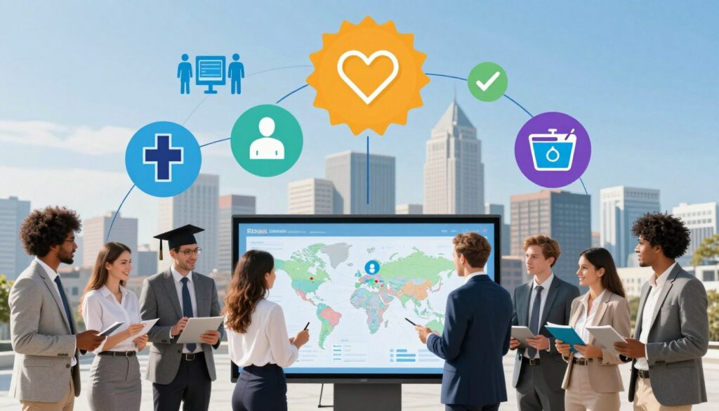 A vibrant and dynamic illustration showcasing various career paths and opportunities for graduates. In the foreground, a diverse group of young professionals in business attire engage in animated discussions, examining a digital map of career options displayed on a large touchscreen. The middle layer features symbols of different industries—technology, healthcare, arts, and engineering—representing the best job prospects, each symbol depicted in a bright, engaging style. In the background, a modern city skyline under a clear blue sky symbolizes growth and potential. Bright, natural lighting illuminates the scene, creating an optimistic and inspiring atmosphere. The composition should be inviting and motivational, capturing the essence of exploring successful career directions.