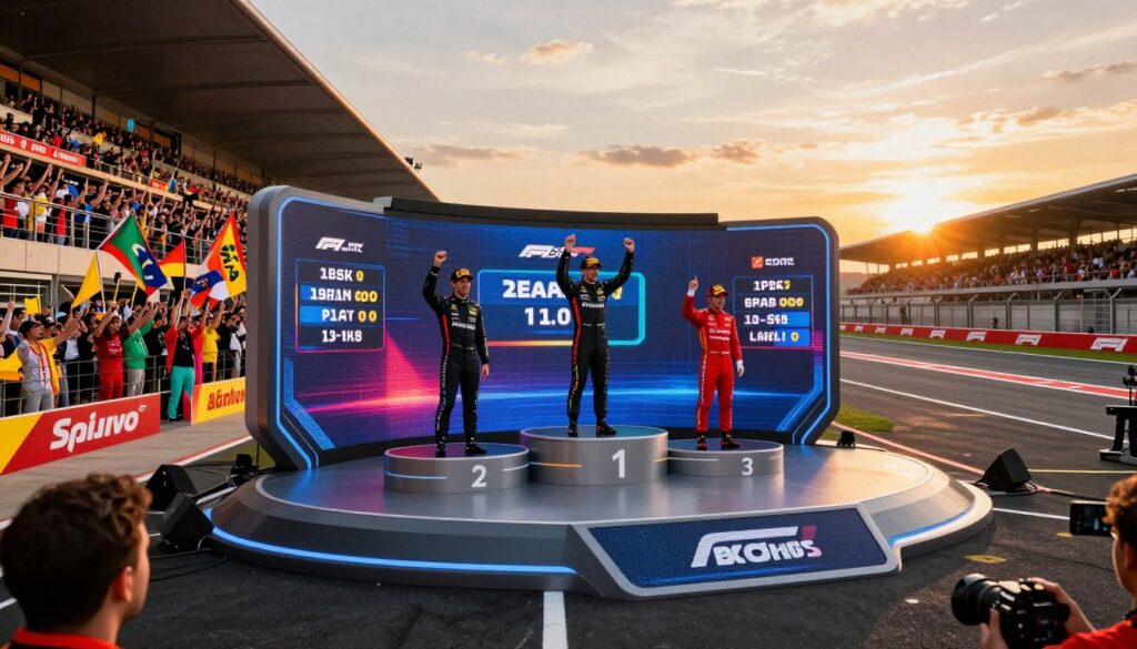 A vibrant and dynamic image of a futuristic stadium podium designed uniquely for F1 race bonuses, featuring three distinct levels at which podium finishers stand after a race. The foreground showcases the sleek podium with high-tech digital screens displaying bonus amounts and sponsor logos, highlighting the intersection of sports and commerce. In the middle, a cheering crowd with fans dressed in colorful team apparel, holding flags and banners, creates an energetic atmosphere. The background includes a high-speed racetrack under dramatic sunset lighting, casting warm hues over the scene. The lens should capture the podium from a slightly elevated angle, emphasizing the excitement and prestige of the moment. The mood conveys celebration and success in the world of motorsport, focusing on monetary achievements. A vibrant and dynamic image of a futuristic stadium podium designed uniquely for F1 race bonuses, featuring three distinct levels at which podium finishers stand after a race. The foreground showcases the sleek podium with high-tech digital screens displaying bonus amounts and sponsor logos, highlighting the intersection of sports and commerce. In the middle, a cheering crowd with fans dressed in colorful team apparel, holding flags and banners, creates an energetic atmosphere. The background includes a high-speed racetrack under dramatic sunset lighting, casting warm hues over the scene. The lens should capture the podium from a slightly elevated angle, emphasizing the excitement and prestige of the moment. The mood conveys celebration and success in the world of motorsport, focusing on monetary achievements.