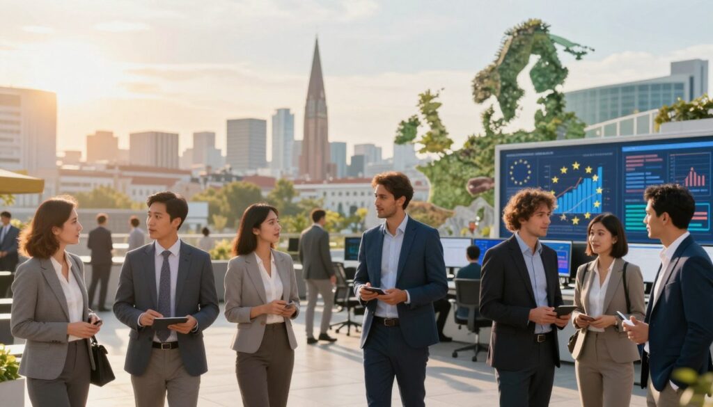 A vibrant and dynamic scene depicting the growing markets of the European Union. In the foreground, a diverse group of business professionals in smart attire, engaged in animated discussions, illustrate the collaboration and innovation within the region. In the middle ground, a modern office environment showcases sleek technology, graphs, and data analytics, symbolizing growth in the markets. The background features a skyline of iconic European landmarks, bathed in warm, golden sunlight to convey a sense of optimism and opportunity. The atmosphere is energetic and forward-looking, with a slight blur to suggest movement and progress. Use a wide-angle lens to capture the breadth of the scene, enhancing the feeling of growth and expansion. A vibrant and dynamic scene depicting the growing markets of the European Union. In the foreground, a diverse group of business professionals in smart attire, engaged in animated discussions, illustrate the collaboration and innovation within the region. In the middle ground, a modern office environment showcases sleek technology, graphs, and data analytics, symbolizing growth in the markets. The background features a skyline of iconic European landmarks, bathed in warm, golden sunlight to convey a sense of optimism and opportunity. The atmosphere is energetic and forward-looking, with a slight blur to suggest movement and progress. Use a wide-angle lens to capture the breadth of the scene, enhancing the feeling of growth and expansion.