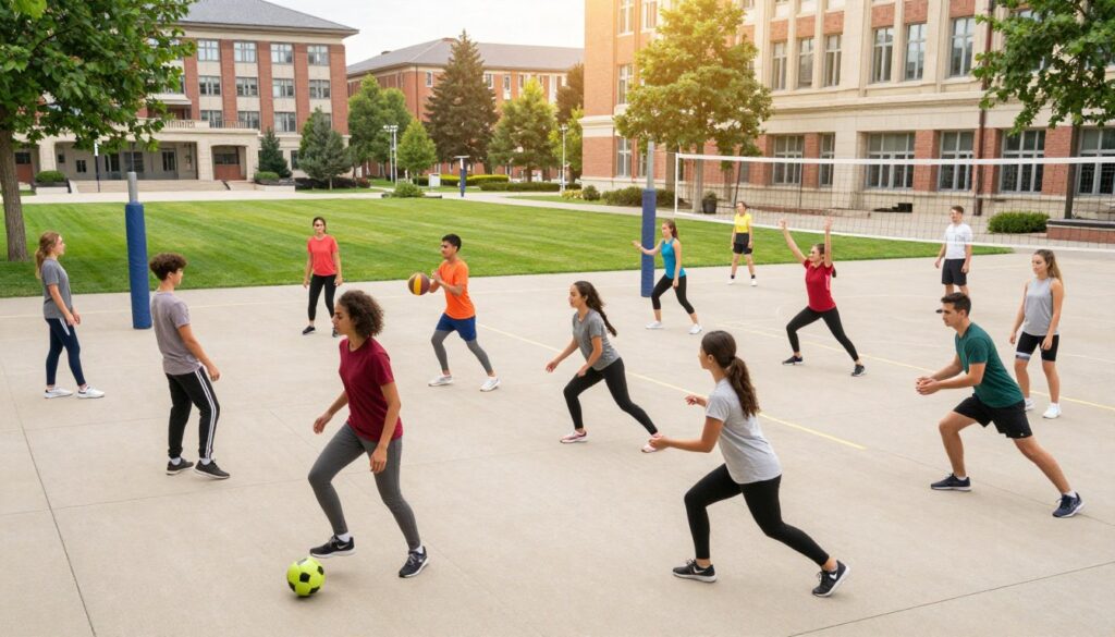 A vibrant and dynamic university campus scene showcasing students engaging in various physical activities. In the foreground, a diverse group of young adults, dressed in casual athletic wear, can be seen playing soccer, jogging, and practicing yoga. In the middle ground, students are participating in different sports like basketball and volleyball, while others are involved in group fitness classes, emphasizing teamwork and collaboration. The background features a scenic view of university buildings and green lawns, with trees and sunlight filtering through branches, creating an inviting and energetic atmosphere. The composition is captured from a slightly elevated angle to encompass the variety of activities, highlighting the lively spirit of student life. Bright, natural lighting enhances the overall feel of motivation and wellness. A vibrant and dynamic university campus scene showcasing students engaging in various physical activities. In the foreground, a diverse group of young adults, dressed in casual athletic wear, can be seen playing soccer, jogging, and practicing yoga. In the middle ground, students are participating in different sports like basketball and volleyball, while others are involved in group fitness classes, emphasizing teamwork and collaboration. The background features a scenic view of university buildings and green lawns, with trees and sunlight filtering through branches, creating an inviting and energetic atmosphere. The composition is captured from a slightly elevated angle to encompass the variety of activities, highlighting the lively spirit of student life. Bright, natural lighting enhances the overall feel of motivation and wellness.