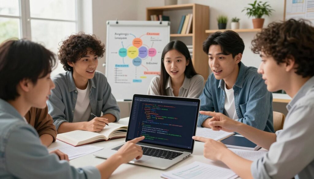 A vibrant and engaging illustration of a programming language interface displayed on a modern laptop screen, surrounded by educational materials such as code snippets, textbooks, and notes. In the foreground, a diverse group of aspiring programmers, dressed in smart casual attire, are gathered around the laptop, discussing and pointing at the screen with expressions of curiosity and excitement. In the middle, a colorful whiteboard is filled with diagrams and keywords related to programming concepts like loops and functions. In the background, a cozy workspace filled with bookshelves and potted plants suggests a warm, collaborative atmosphere. Soft, natural lighting from a nearby window enhances the inviting mood, while a shallow depth of field emphasizes the focus on the group and their learning journey.
