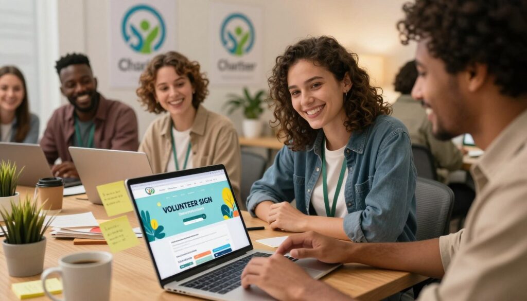 A vibrant and engaging scene depicting a diverse group of volunteers engaging in online registration for a charitable event. In the foreground, showcase a warm and inviting workspace with a laptop open, displaying a colorful website interface for volunteer sign-up. Surround the laptop with sticky notes and coffee mugs, hinting at collaboration and teamwork. In the middle, include smiling individuals of various ethnicities, dressed in smart casual attire, focused on the screen and discussing enthusiastically. The background features a cozy office environment with posters of the charity’s logo, warm lighting creating an atmosphere of community and excitement. Capture the scene with a slightly angled overhead perspective to convey a sense of inclusivity and activity, emphasizing the eagerness of the volunteers preparing for the event.
