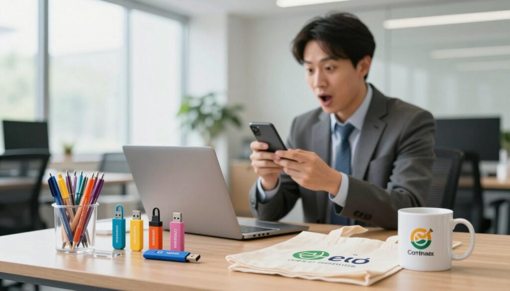 A vibrant and engaging scene showcasing an array of promotional gadgets used by companies to attract attention. In the foreground, display a colorful assortment of items such as branded pens, USB drives, eco-friendly tote bags, and stylish mugs, highlighting their unique designs and logos. In the middle ground, arrange a well-dressed professional examining these gadgets with enthusiasm, emphasizing a sense of discovery and excitement. The background features a bright and modern office environment, with soft natural lighting filtering through large windows, creating an inviting atmosphere. Use a shallow depth of field to keep the focus on the gadgets and the individual, conveying a mood of creativity and innovation in marketing strategies.