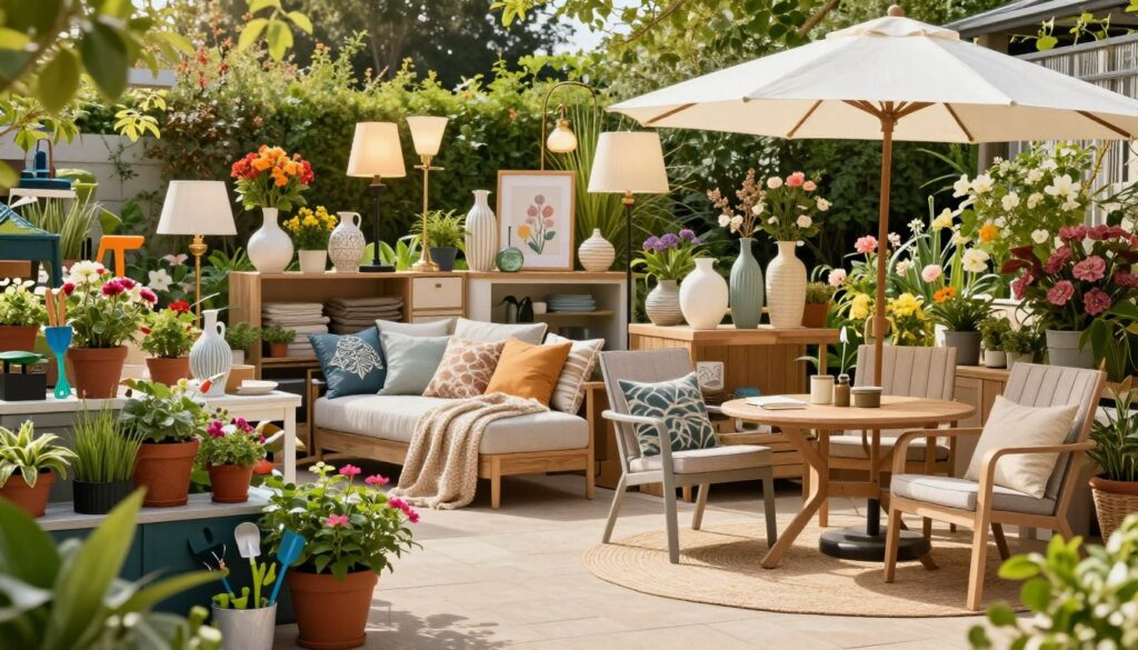 A vibrant and inviting scene showcasing a diverse range of home and garden products. In the foreground, a well-organized display of outdoor furniture sets, including stylish patio chairs and a cozy table with an umbrella. To the left, colorful potted plants and gardening tools hint at a flourishing garden. In the middle ground, a vivid depiction of indoor home decor items such as elegant lighting fixtures, decorative vases, and cozy textiles. The background features a sunny garden backdrop, lush greenery, and blooming flowers. The lighting is warm and inviting, creating a cheerful atmosphere. The scene is captured from a slightly elevated angle, giving a comprehensive view of the product offerings, emphasizing quality and variety without any text or distractions. A vibrant and inviting scene showcasing a diverse range of home and garden products. In the foreground, a well-organized display of outdoor furniture sets, including stylish patio chairs and a cozy table with an umbrella. To the left, colorful potted plants and gardening tools hint at a flourishing garden. In the middle ground, a vivid depiction of indoor home decor items such as elegant lighting fixtures, decorative vases, and cozy textiles. The background features a sunny garden backdrop, lush greenery, and blooming flowers. The lighting is warm and inviting, creating a cheerful atmosphere. The scene is captured from a slightly elevated angle, giving a comprehensive view of the product offerings, emphasizing quality and variety without any text or distractions.