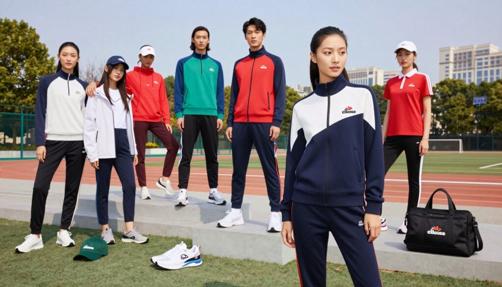 A vibrant display of Ellesse athletic apparel, showcasing a range of their best products for both men and women. In the foreground, highlight a model dressed in a stylish yet comfortable Ellesse tracksuit, featuring the iconic logo prominently. Surround the model with various Ellesse sneakers and accessories, including caps and bags, artistically arranged to catch the viewer's eye. In the middle layer, display a colorful assortment of sportswear in different sizes and styles, emphasizing versatility and quality. The background should depict a modern urban setting, possibly a park or athletic field, under bright daylight, enhancing the energizing vibe of the image. Use a wide-angle lens to bring depth and a lively atmosphere, embodying the spirit of active, fashionable lifestyles.