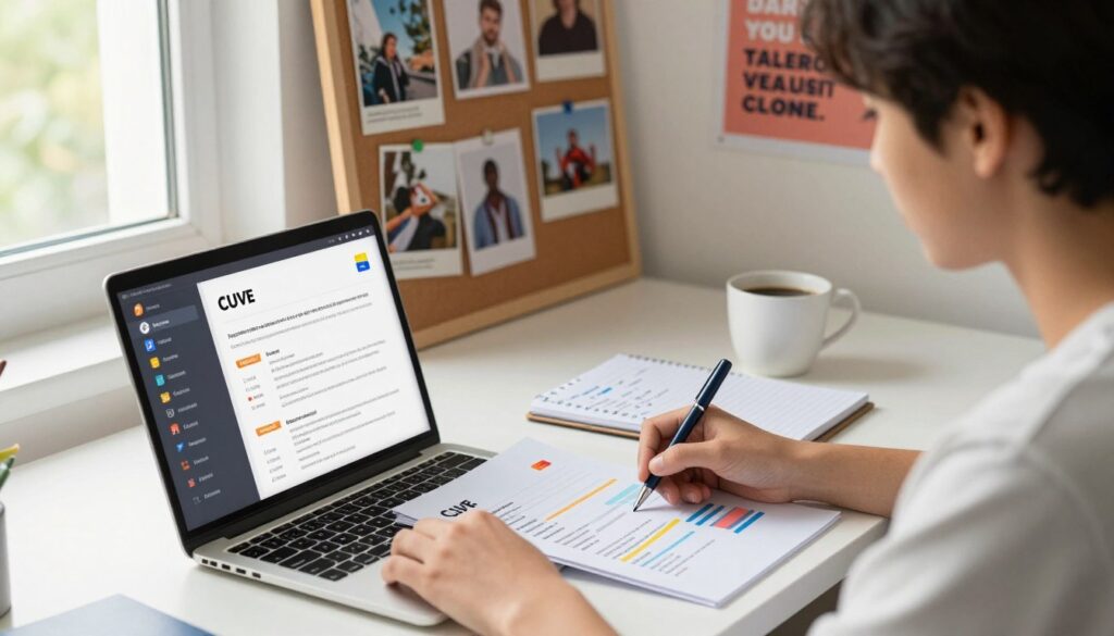 A vibrant, inviting scene depicting a young person sitting at a neatly organized desk, working on a colorful CV. The foreground features a laptop open with various icons of interests, such as music notes, sports equipment, and books displayed on the screen. The middle ground shows a notepad with handwritten notes and a cup of coffee, suggesting focus and creativity. In the background, a bulletin board adorned with pinned images of hobbies and inspirations creates a warm, personal touch. Soft, natural lighting filters through a nearby window, casting a gentle glow, while a motivational poster on the wall inspires ambition. The overall atmosphere is encouraging, reflecting a blend of individuality and professionalism.