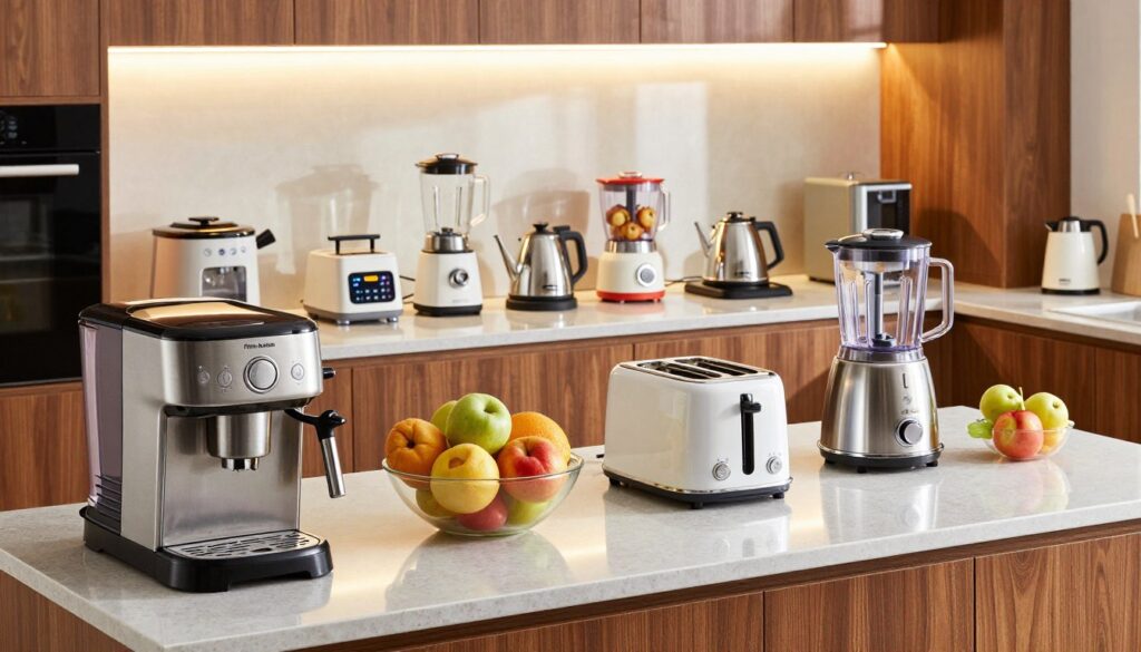 A vibrant kitchen setting filled with a variety of household appliances from First Austria, showcasing over 400 products. In the foreground, a sleek stainless steel coffee maker and a modern toaster are placed on a polished countertop, next to a colorful fruit bowl. The middle section features an array of kitchen gadgets like a blender, kettle, and food processor, all in harmonious alignment. In the background, warm, bright overhead lighting illuminates the space, highlighting the elegance of the kitchen design with wooden cabinets and quartz countertops. The atmosphere is inviting and functional, perfect for showcasing innovative household solutions in everyday life. The angle captures the entire kitchen scene, creating a sense of abundance and variety.