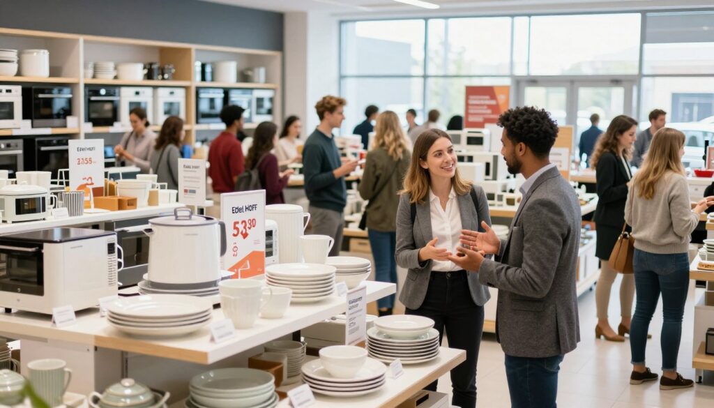 A vibrant, modern retail environment showcasing a well-organized display of Edel Hoff products, prominently featuring kitchen appliances, tableware, and home goods. In the foreground, a friendly sales associate in professional business attire is assisting a customer, both engaged in an informative conversation. The middle ground captures a diverse range of shoppers examining various Edel Hoff items, with clear signage that directs to special offers and discounts. The background features a bright, welcoming store interior with natural light streaming in through large windows, highlighting the quality of the products. The atmosphere is bustling yet inviting, creating a sense of community and encouragement to explore great deals on quality goods. The image should be captured with a slight tilt, adding a dynamic perspective to the scene, emphasizing the importance of shopping smart.